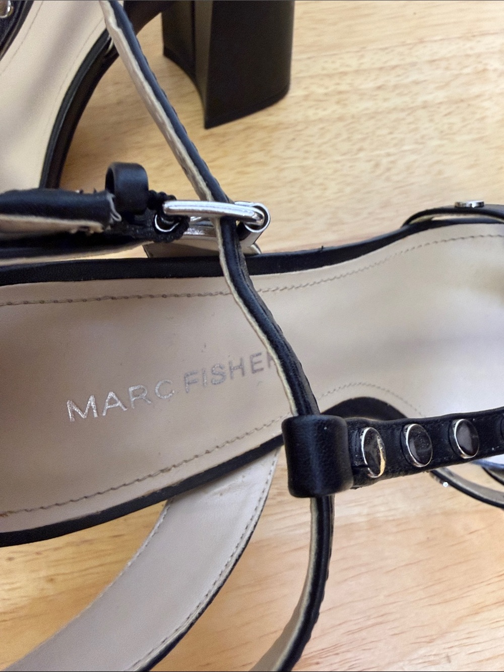 Marc Fisher Black Studded T-Strap Block Heels - Picture 2 of 8